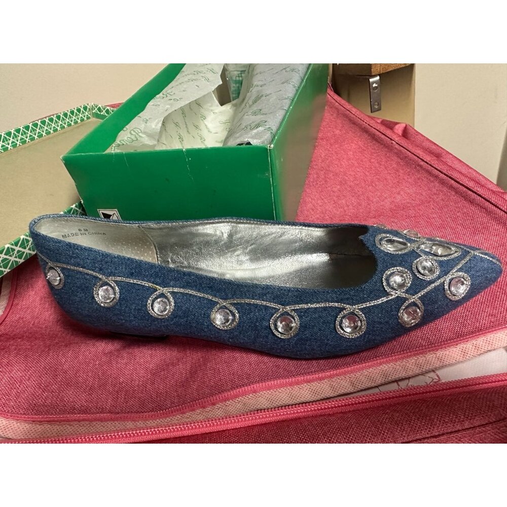 New in Box vintage J.Reneé blue denim jeweled pointed-toe ballet flats 8